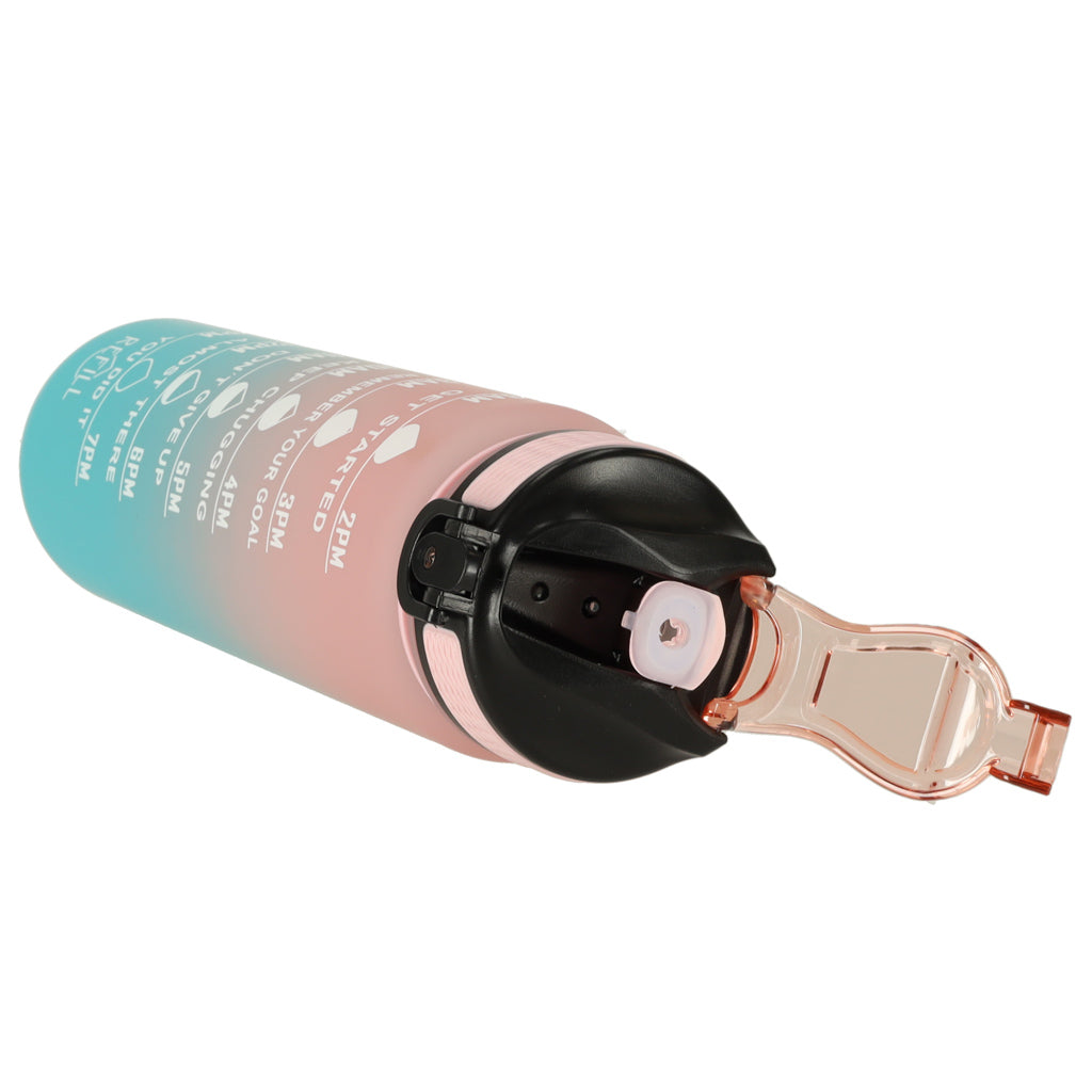 Butelka na wodę bidon ze słomką uchwytem miarką motywacyjną na siłownię BPA free Tritan 1l róż błękit ZESTAW 3 SZTUKI