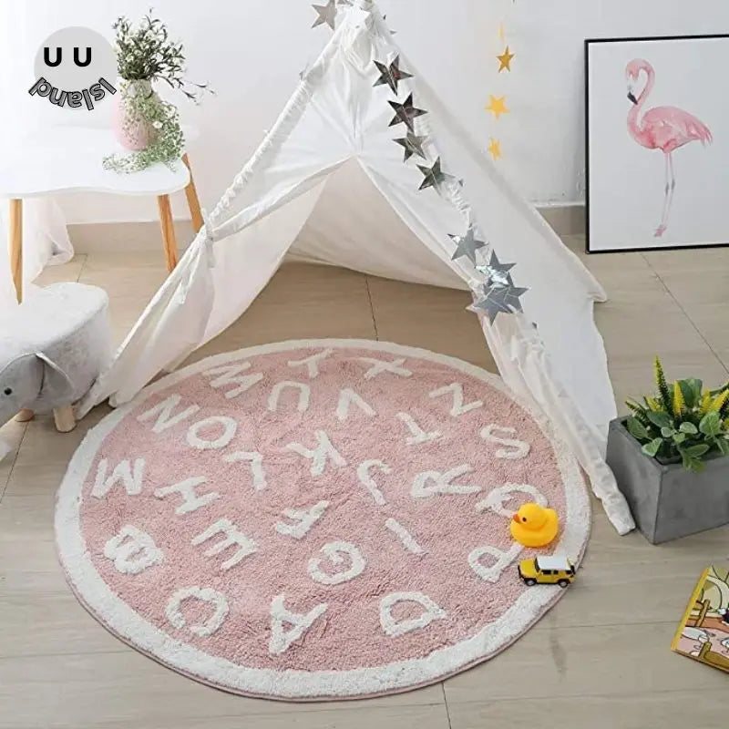 Okrągły puszysty dywan do zabawy dla dzieci z alfabetem, miękkie do sypialni dla dzieci .