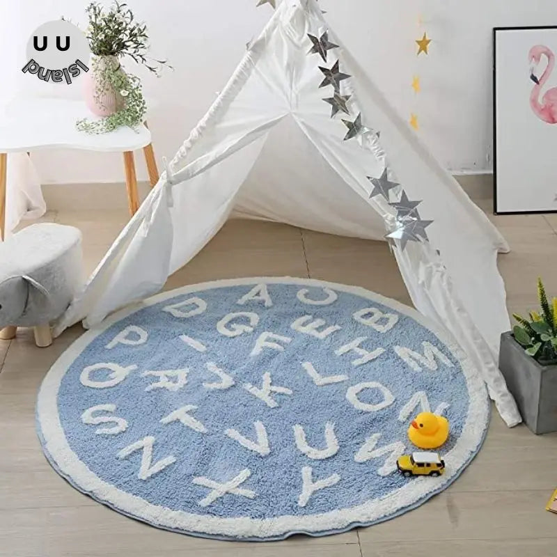 Okrągły puszysty dywan do zabawy dla dzieci z alfabetem, miękkie do sypialni dla dzieci .