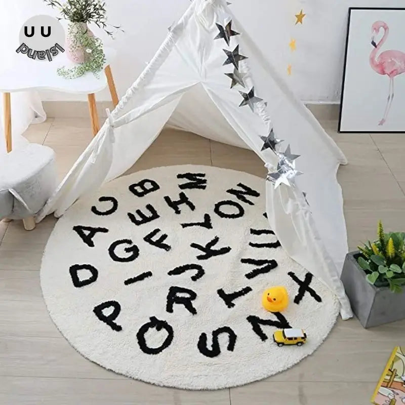 Okrągły puszysty dywan do zabawy dla dzieci z alfabetem, miękkie do sypialni dla dzieci .