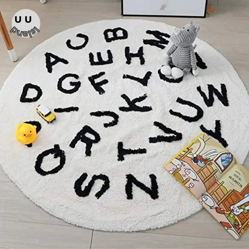 Okrągły puszysty dywan do zabawy dla dzieci z alfabetem, miękkie do sypialni dla dzieci .