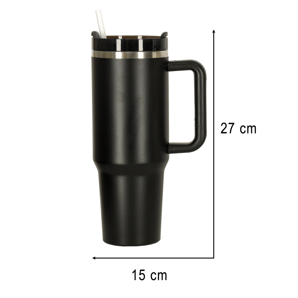 Kubek termiczny ze słomką i uchwytem termos 1200ml czarny ZESTAW 3 SZTUKI.