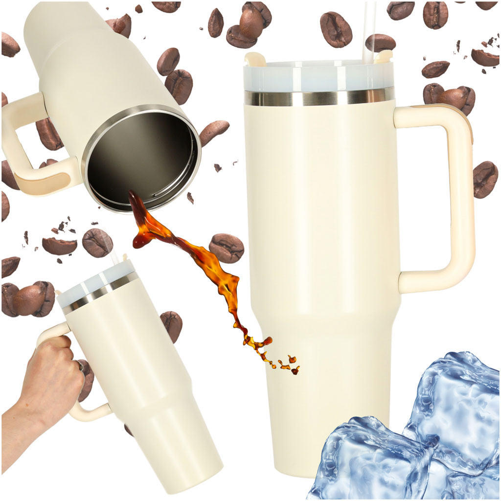Kubek termiczny ze słomką i uchwytem termos 1200ml kremowy ZESTAW 3 SZTUKI
