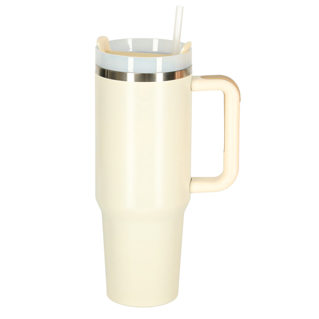 Kubek termiczny ze słomką i uchwytem termos 1200ml kremowy ZESTAW 3 SZTUKI