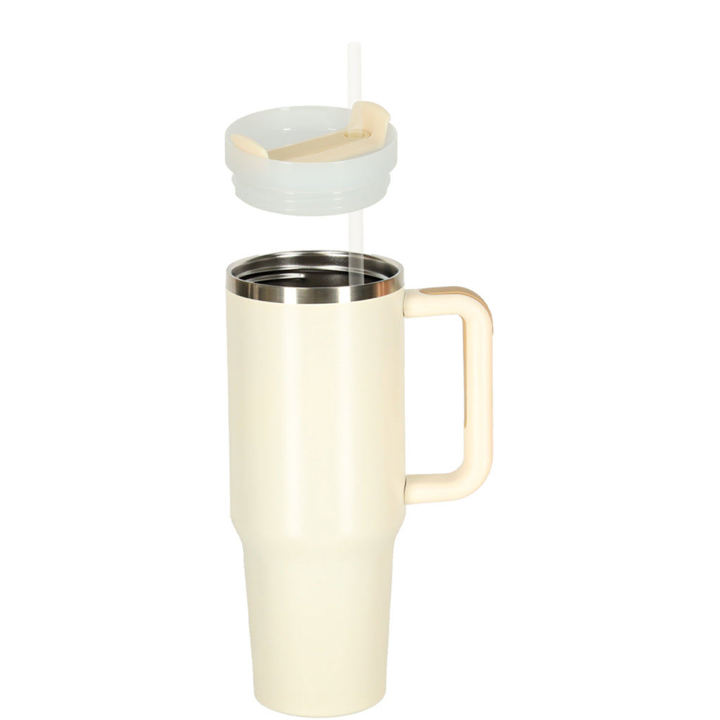 Kubek termiczny ze słomką i uchwytem termos 1200ml kremowy ZESTAW 3 SZTUKI