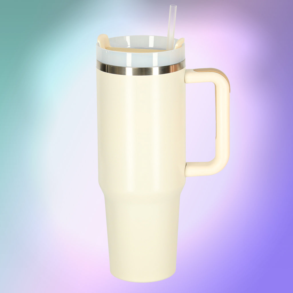 Kubek termiczny ze słomką i uchwytem termos 1200ml kremowy ZESTAW 3 SZTUKI