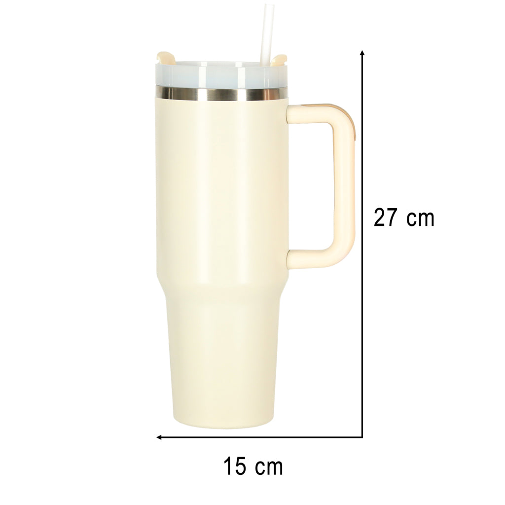 Kubek termiczny ze słomką i uchwytem termos 1200ml kremowy ZESTAW 3 SZTUKI