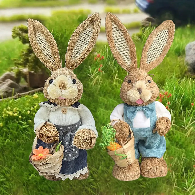 Urocza figurka królika z wikliny o wysokości 35 cm, ręcznie wykonana dekoracja ogrodowa.