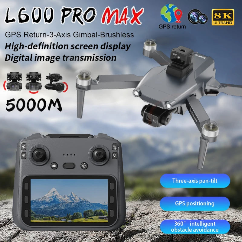 Nowy profesjonalny dron L600 Pro Max z kamerą 8K, 3-osiowym gimbalem, Wi-Fi, funkcją omijania przeszkód 360°, dużym ekranem FPV i bezszczotkowym silnikiem RC.