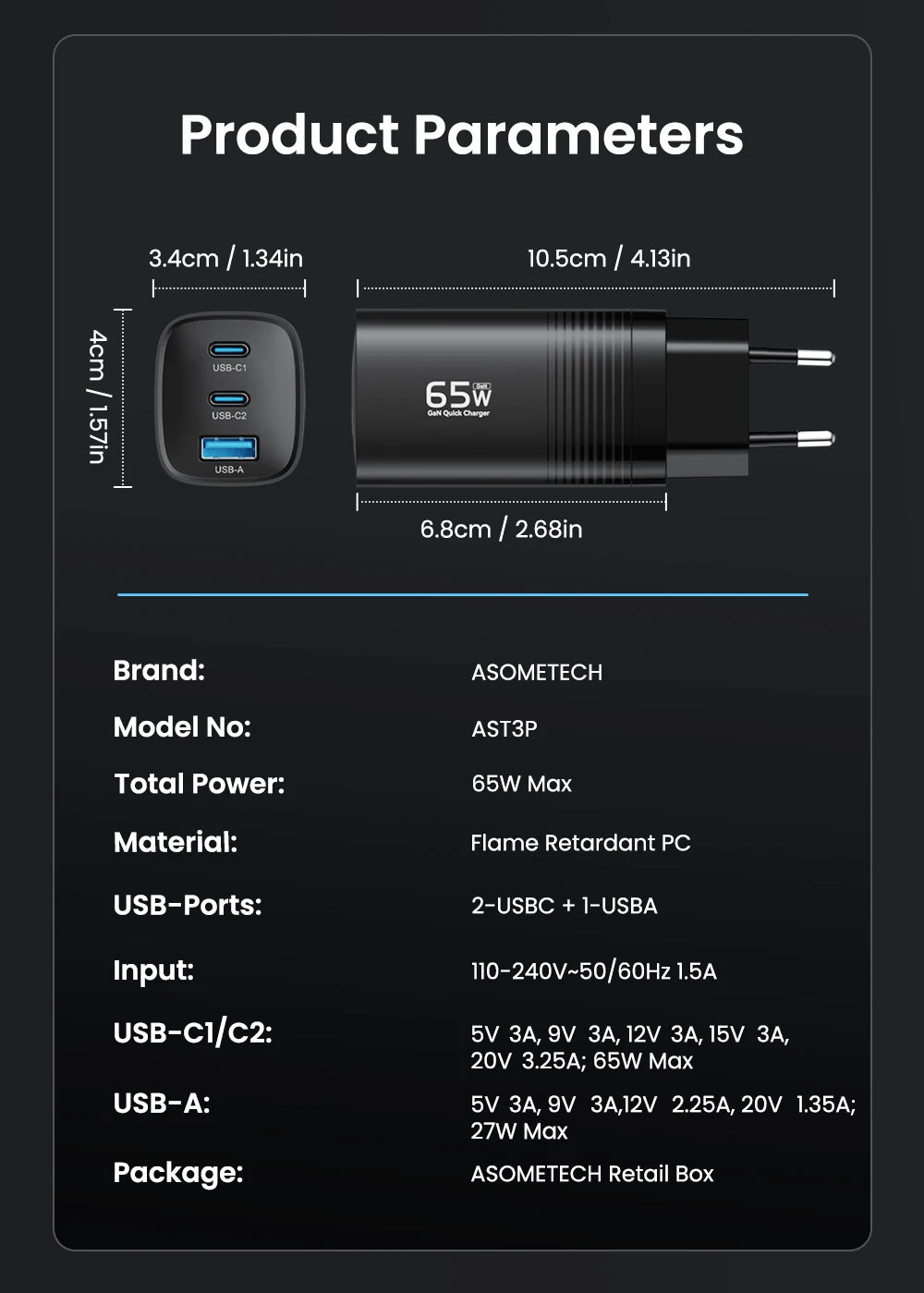 Ładowarka ASOMETECH GaN USB typu C 65 W 45 W PPS PD QC4.0 Szybka ładowarka do laptopów Macbook, tabletów iPad, iPhone'ów 16 i Samsung S23 Ultra