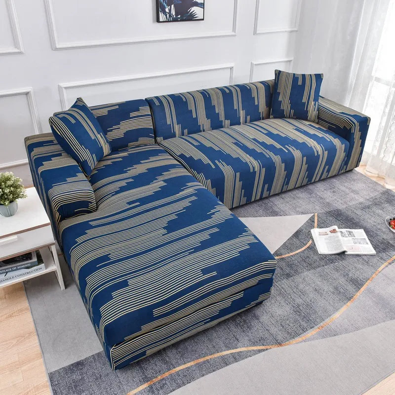 Geometrické poťahy na pohovky do obývačky Elastický poťah na rohovú pohovku.