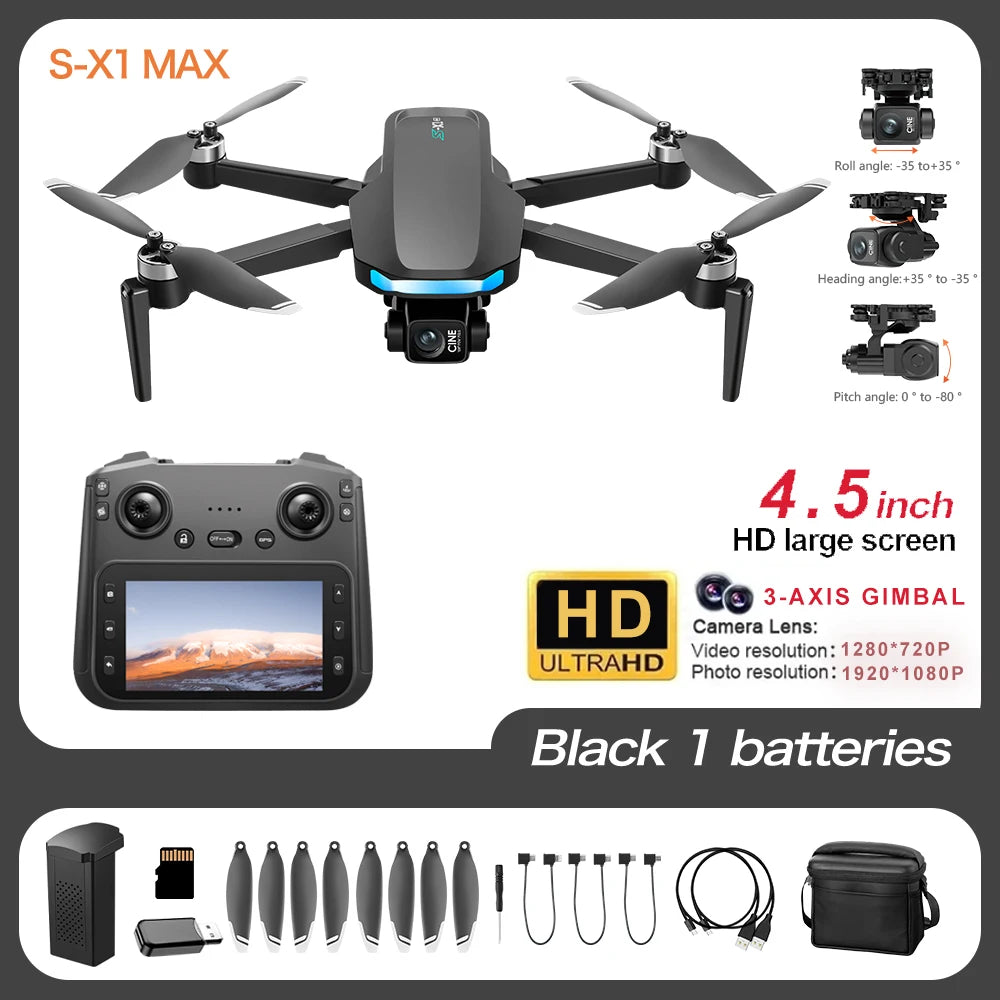 Nowy dron S-X1 MAX GPS z profesjonalną kamerą 4K, 3-osiowym gimbalem, bezszczotkowym silnikiem FPV i dużym ekranem zdalnego sterowania oraz składaną konstrukcją.