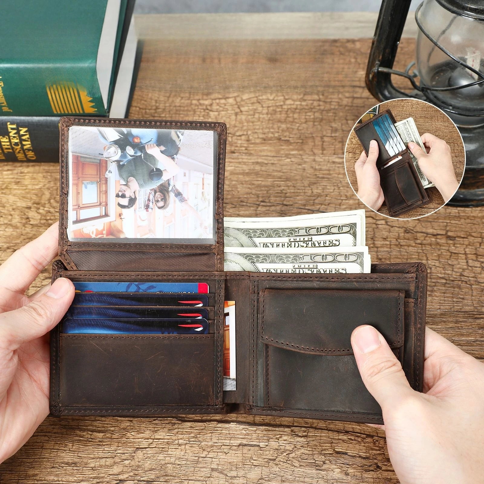 Męski portfel ze skóry Crazy Horse chipem antykradzieżowym.