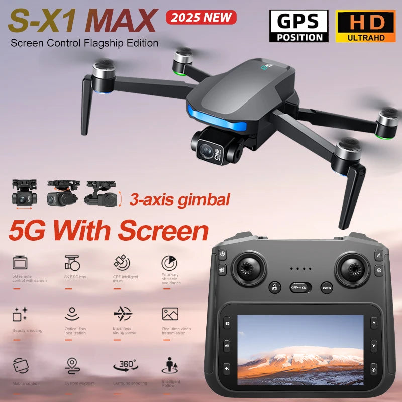 Nowy dron S-X1 MAX GPS z profesjonalną kamerą 4K, 3-osiowym gimbalem, bezszczotkowym silnikiem FPV i dużym ekranem zdalnego sterowania oraz składaną konstrukcją.
