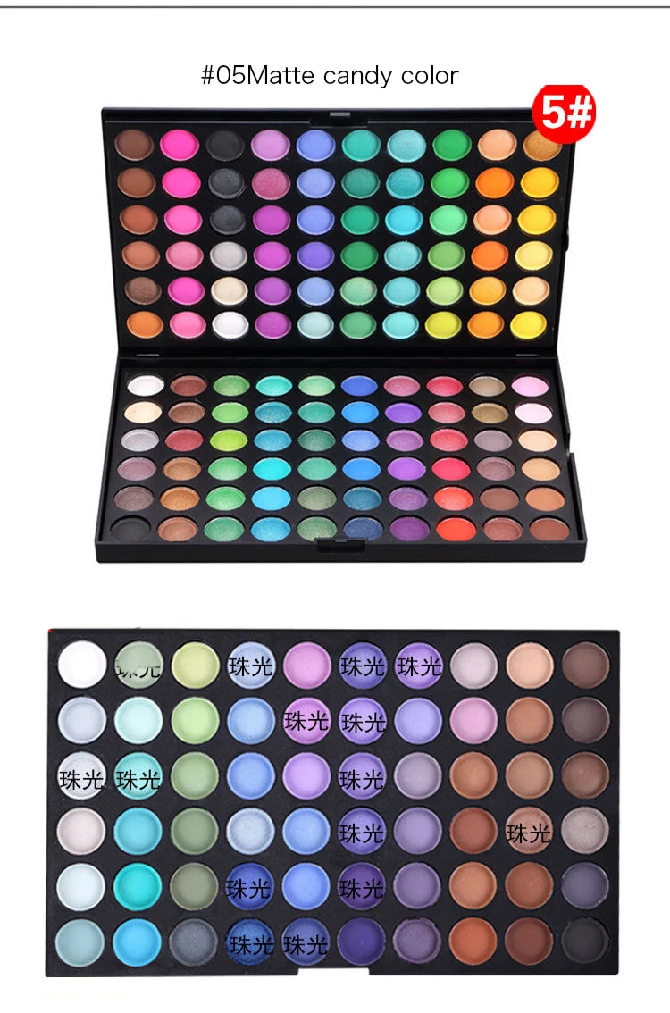 Paleta 120 cieni do powiek z brokatem, matowym i połyskującym.