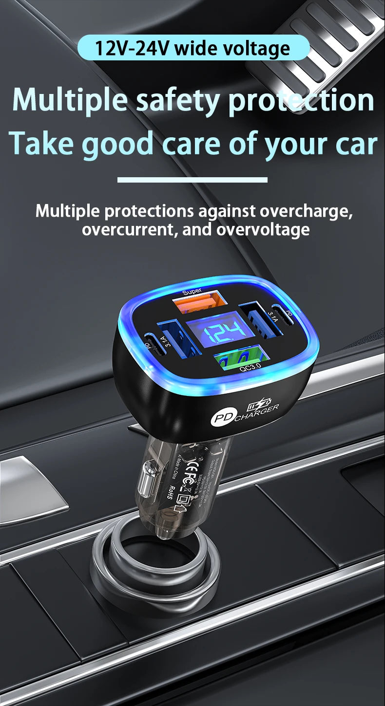 Ładowarka samochodowa UYUXIO USB C 6 w 1 z wyświetlaczem.
