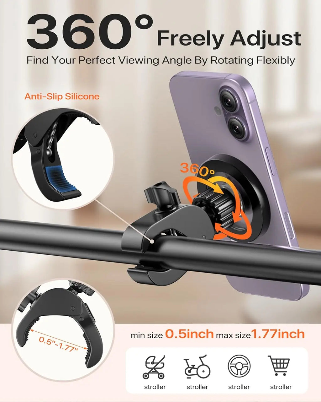 Magnetický držiak na telefón s otočným uchytením na riadidlá, príslušenstvo MagSafe, pre bežné bicykle, kočíky a rotopedy Peloton.