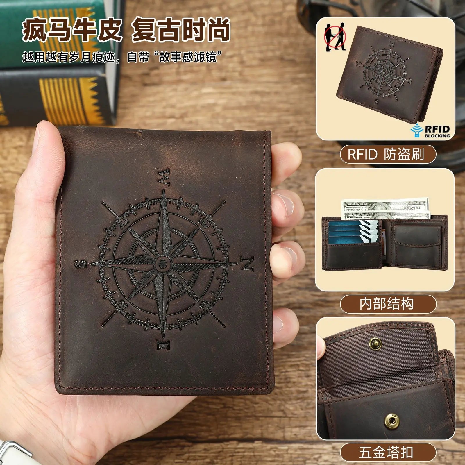 Męski portfel ze skóry Crazy Horse chipem antykradzieżowym.