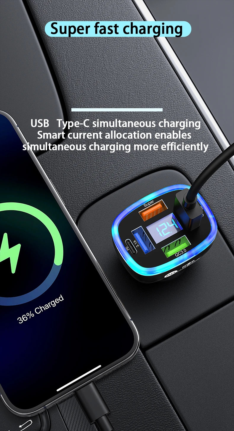Ładowarka samochodowa UYUXIO USB C 6 w 1 z wyświetlaczem.