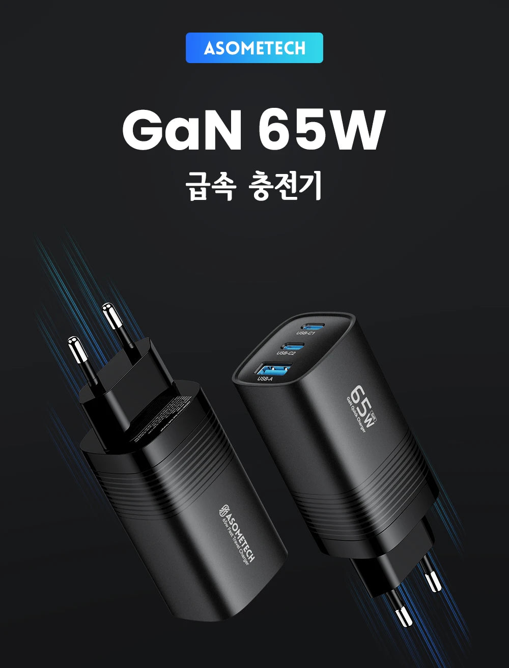 Ładowarka ASOMETECH GaN USB typu C 65 W 45 W PPS PD QC4.0 Szybka ładowarka do laptopów Macbook, tabletów iPad, iPhone'ów 16 i Samsung S23 Ultra