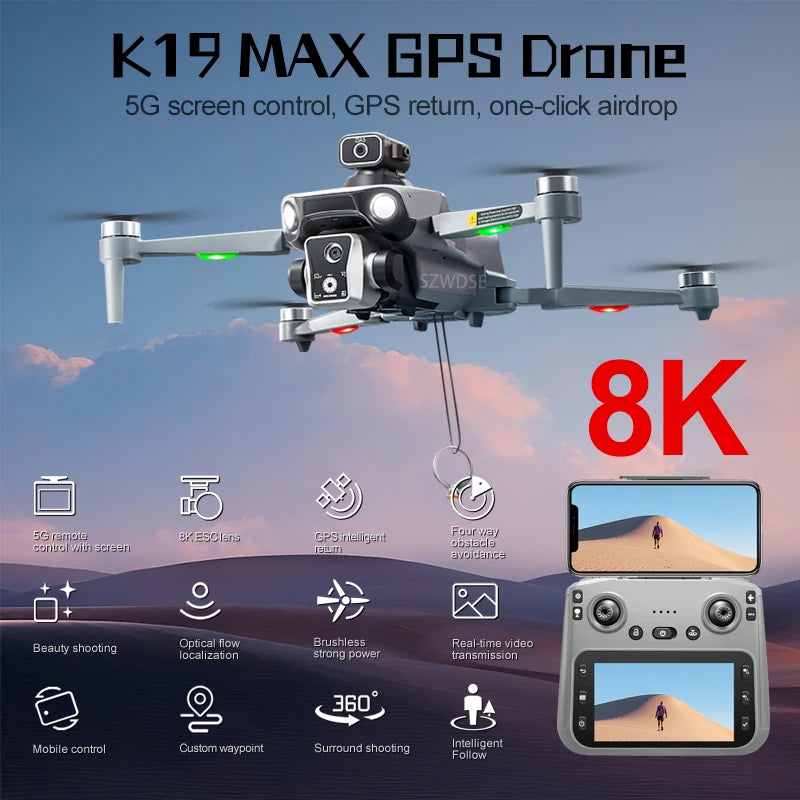 K19 MAX GPS z profesjonalną kamerą 8K, funkcją FPV, systemem omijania przeszkód i dużym ekranem zdalnego sterowania, składany dron