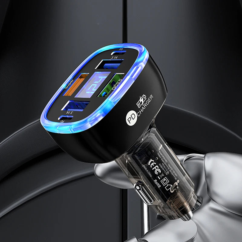 Ładowarka samochodowa UYUXIO USB C 6 w 1 z wyświetlaczem.