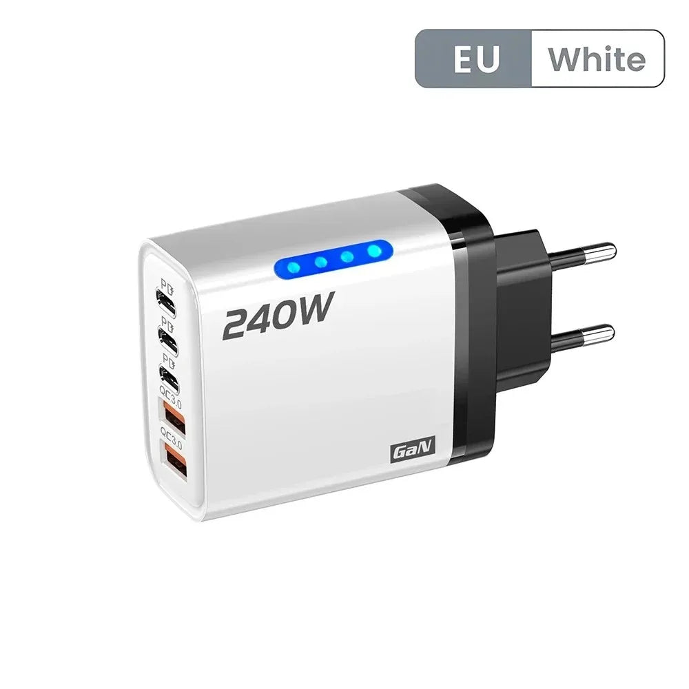 5 v 1 GaN USB C nabíjačka, 240W rýchlonabíjací adaptér, 10A kábel USB-C, 3PD 2USB QC3.0 nabíjačka pre iPhone 16, Samsung a Xiaomi