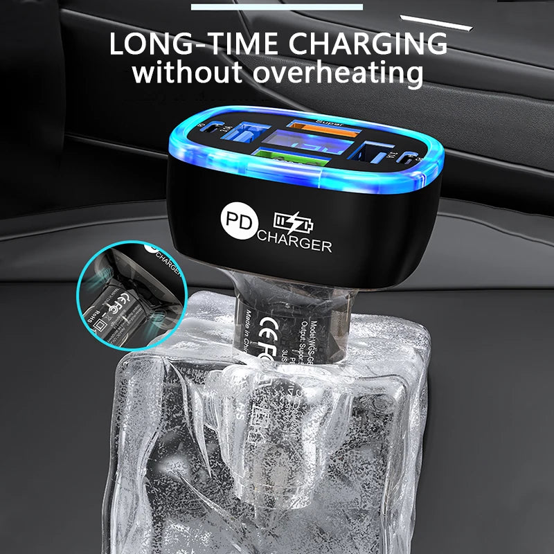 Ładowarka samochodowa UYUXIO USB C 6 w 1 z wyświetlaczem.