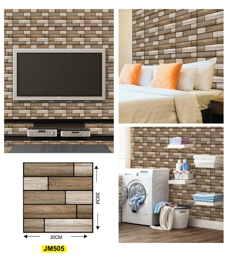 10 sztuk samoprzylepnych tapet 3D z motywem cegły i drewna – naklejki ścienne typu „peel and stick”, wodoodporne, do salonu, sypialni, łazienki