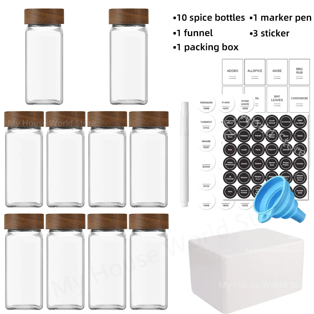 Szklane  słoiki na przyprawy z bambusowymi pokrywkami .