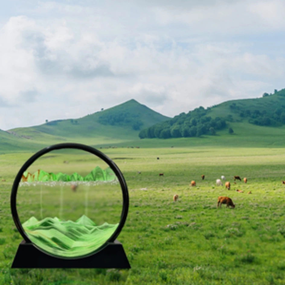 Obraz 3D z ruchomym piaskiem Okrągłe szkło Głębokie morze Piaszczysty krajobraz.