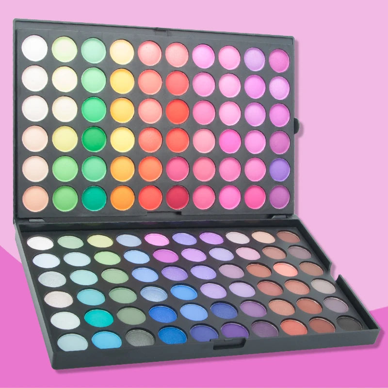 Paleta 120 cieni do powiek z brokatem, matowym i połyskującym.