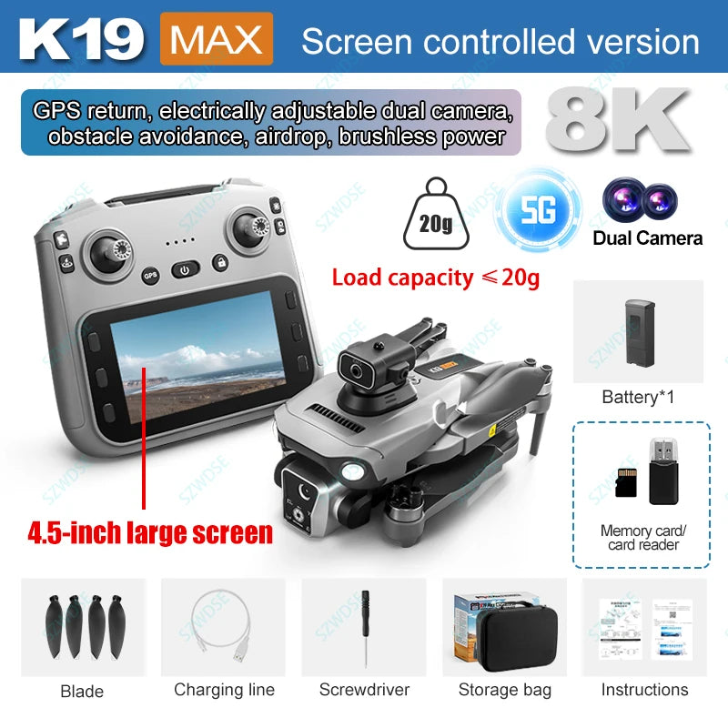 K19 MAX GPS z profesjonalną kamerą 8K, funkcją FPV, systemem omijania przeszkód i dużym ekranem zdalnego sterowania, składany dron