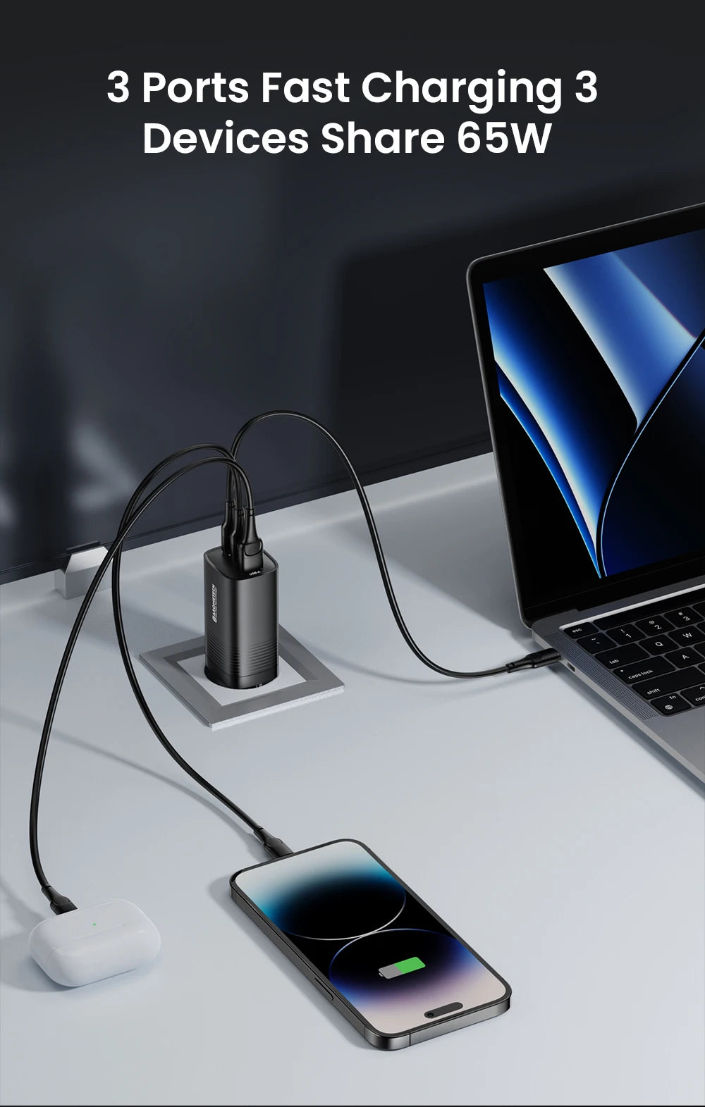 Ładowarka ASOMETECH GaN USB typu C 65 W 45 W PPS PD QC4.0 Szybka ładowarka do laptopów Macbook, tabletów iPad, iPhone'ów 16 i Samsung S23 Ultra