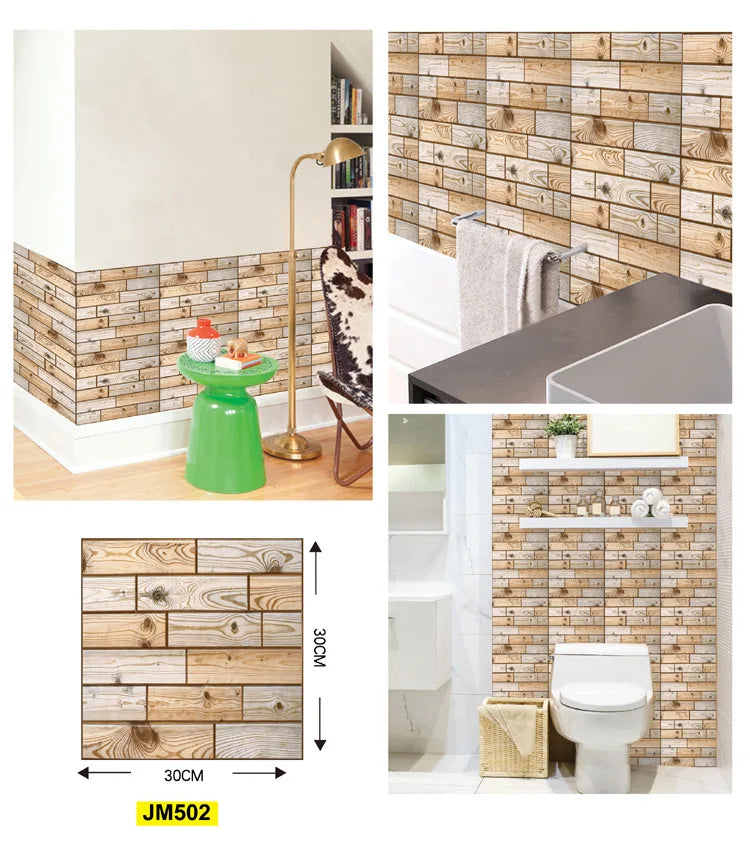 10 sztuk samoprzylepnych tapet 3D z motywem cegły i drewna – naklejki ścienne typu „peel and stick”, wodoodporne, do salonu, sypialni, łazienki