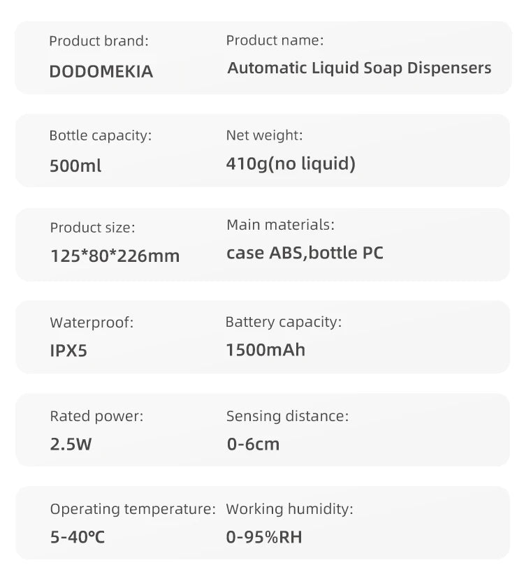 Automatický dávkovač tekutého mydla, nabíjateľný bezdotykový dávkovač pracieho prostriedku s USB.