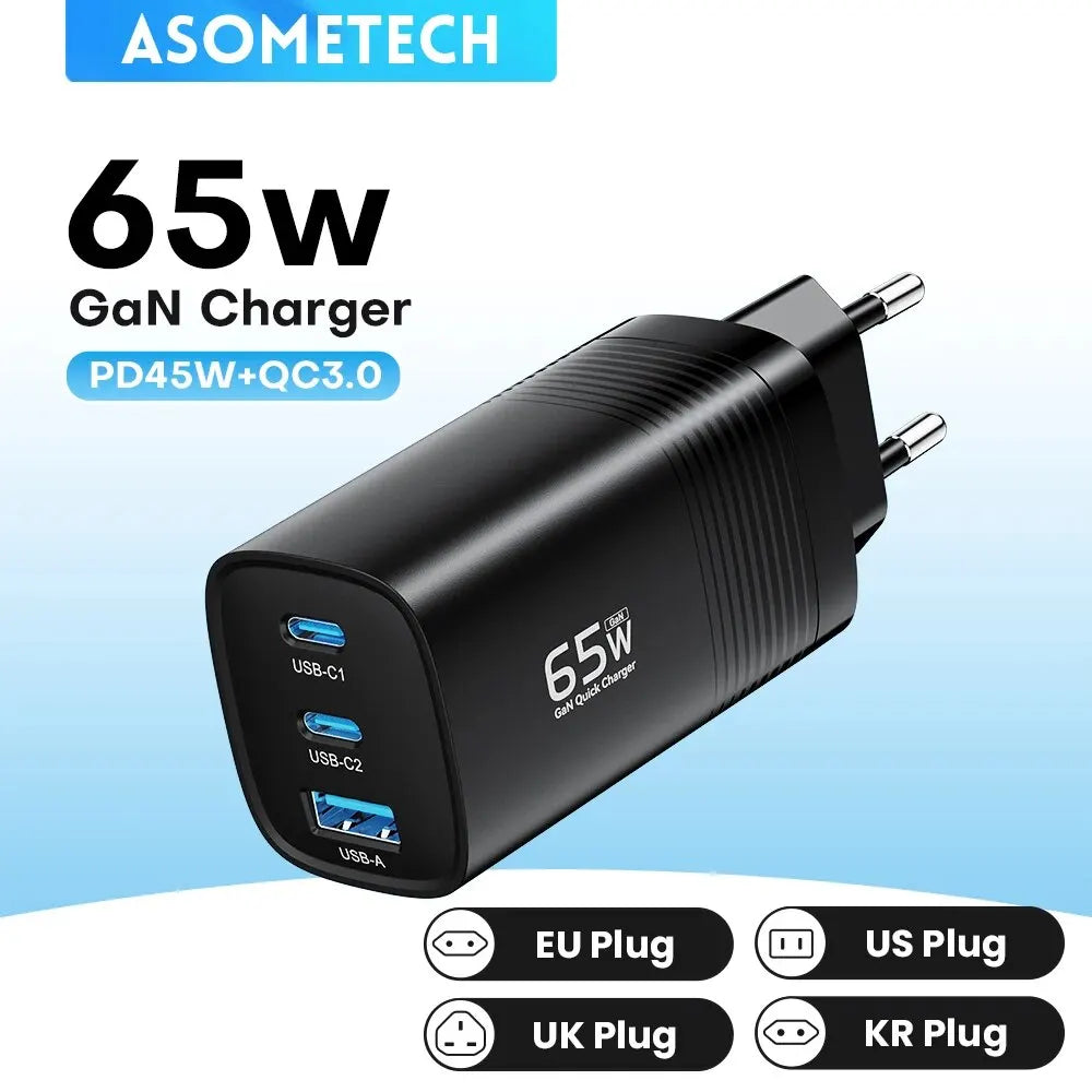 Ładowarka ASOMETECH GaN USB typu C 65 W 45 W PPS PD QC4.0 Szybka ładowarka do laptopów Macbook, tabletów iPad, iPhone'ów 16 i Samsung S23 Ultra