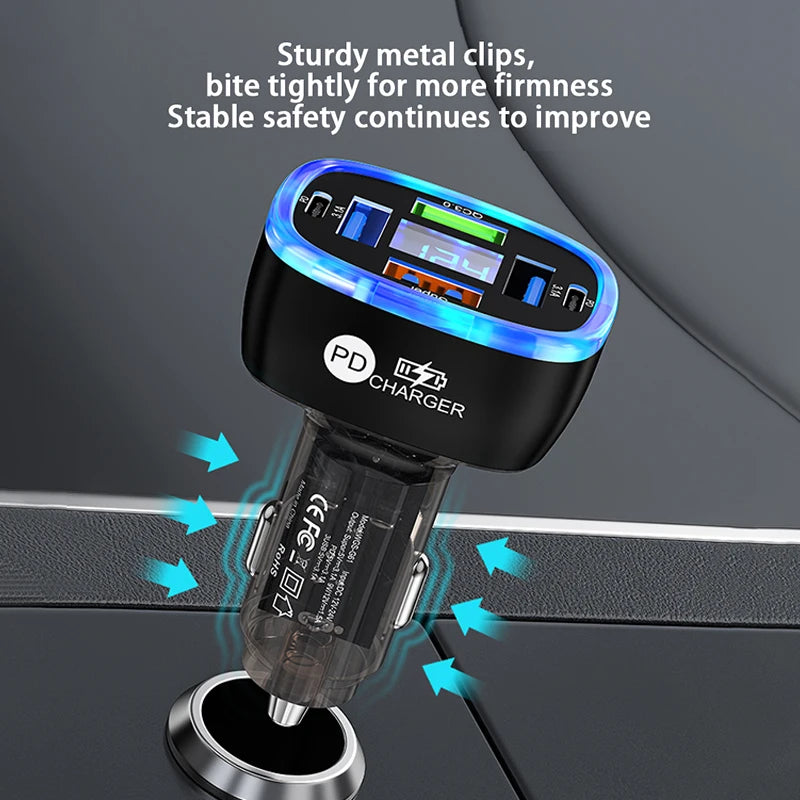 Ładowarka samochodowa UYUXIO USB C 6 w 1 z wyświetlaczem.