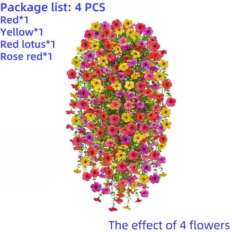 4 sztuki sztucznych kwiatów wiszących – realistyczne plastikowe girlandy z wielobarwnymi kwiatami do dekoracji wnętrz i na zewnątrz.