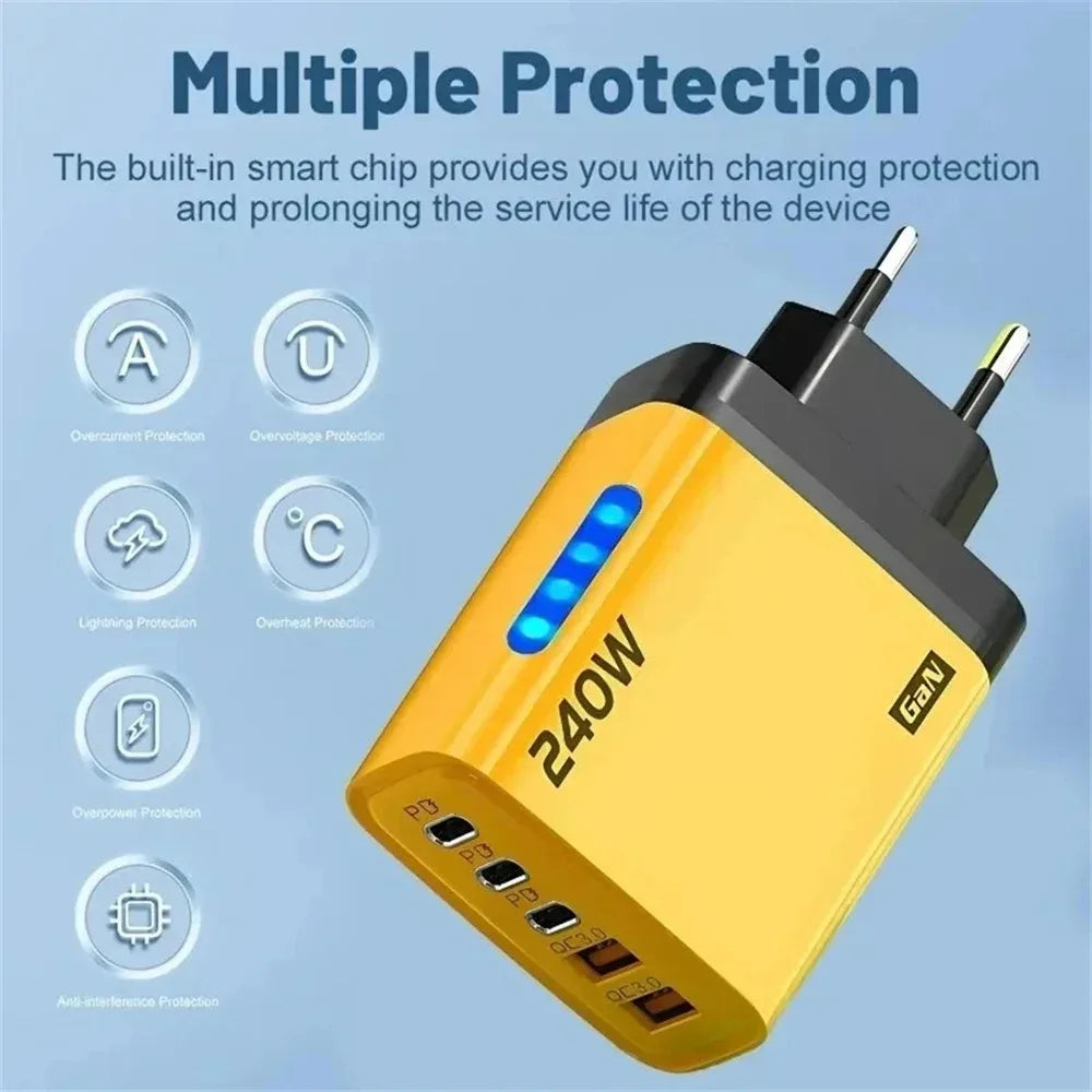 5 v 1 GaN USB C nabíjačka, 240W rýchlonabíjací adaptér, 10A kábel USB-C, 3PD 2USB QC3.0 nabíjačka pre iPhone 16, Samsung a Xiaomi