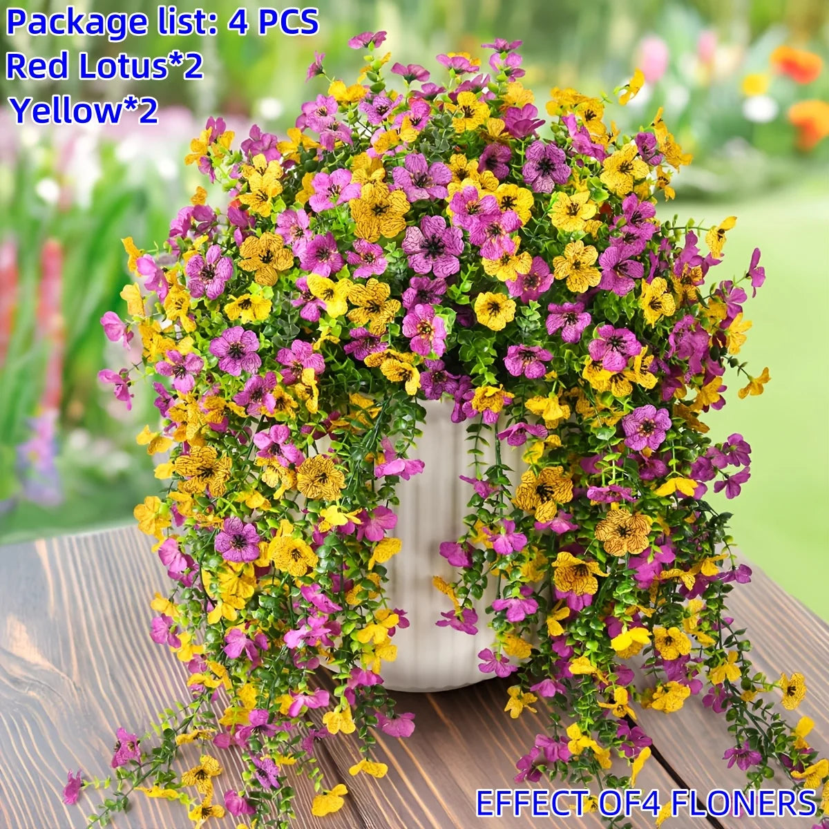 4 sztuki sztucznych kwiatów wiszących – realistyczne plastikowe girlandy z wielobarwnymi kwiatami do dekoracji wnętrz i na zewnątrz.