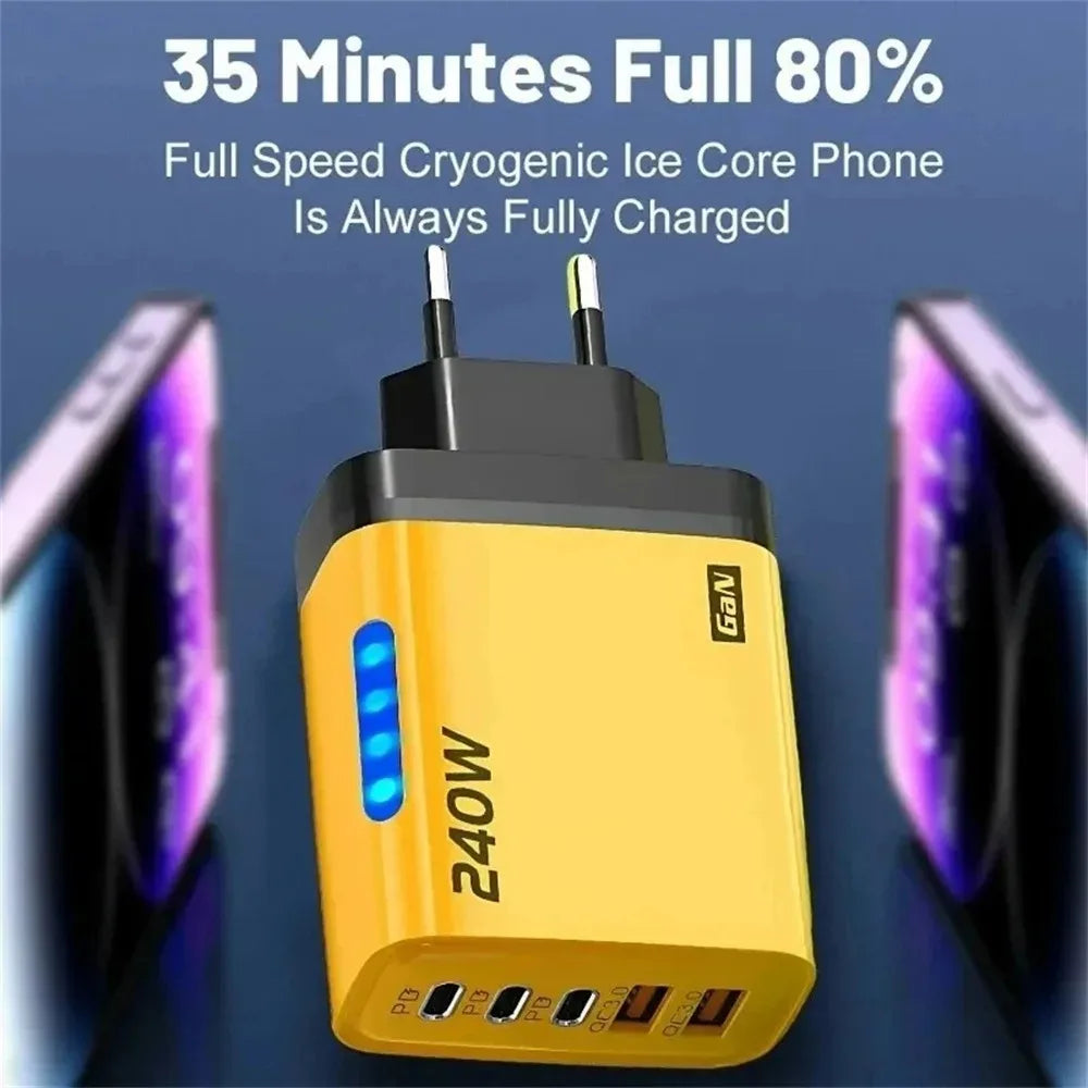 5 v 1 GaN USB C nabíjačka, 240W rýchlonabíjací adaptér, 10A kábel USB-C, 3PD 2USB QC3.0 nabíjačka pre iPhone 16, Samsung a Xiaomi