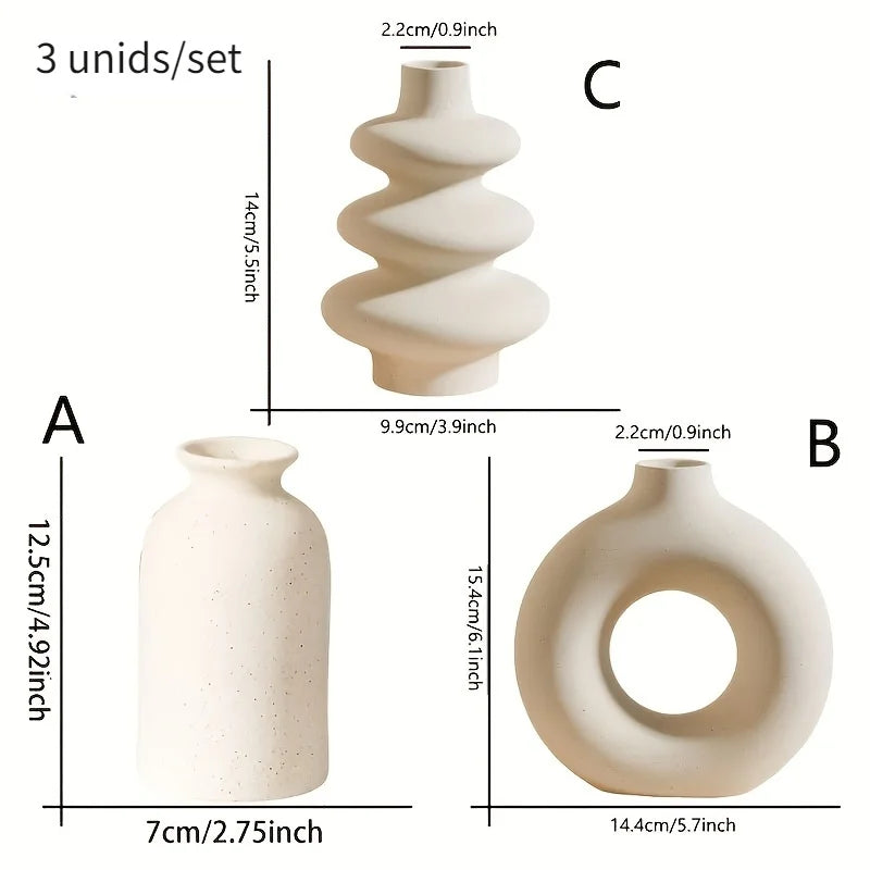 Sada 3 bielych keramických váz v bohémskom štýle, kreatívne dekorácie do domácnosti, obývačky a spálne