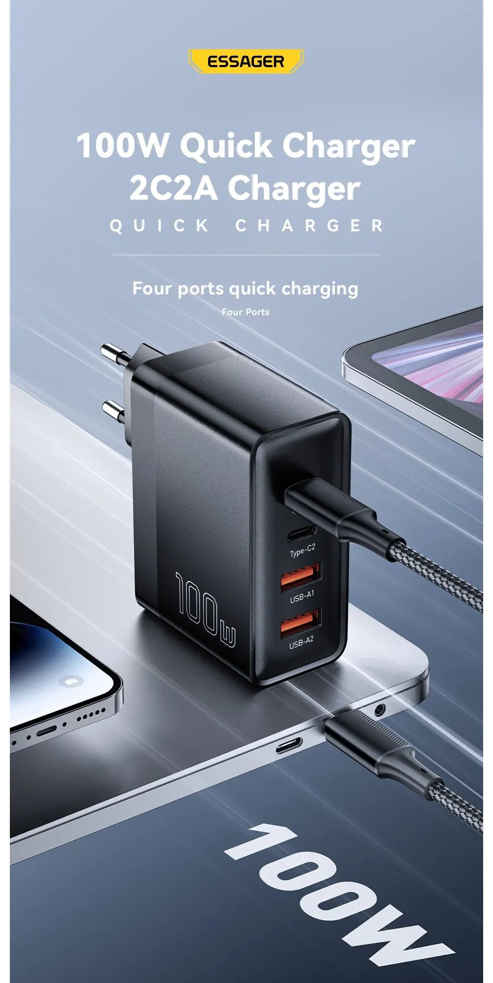 Nabíjačka Essager 100W GaN USB typu C PD QC Quick Charge 4.0 3.0 typu C rýchle nabíjanie pre iPhone 14 13 12 Xiaomi Macbook