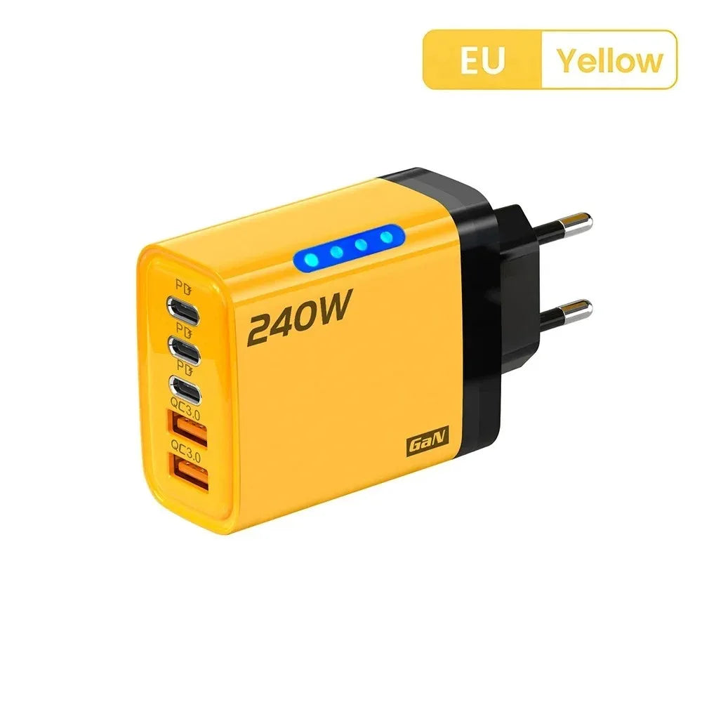 5 v 1 GaN USB C nabíjačka, 240W rýchlonabíjací adaptér, 10A kábel USB-C, 3PD 2USB QC3.0 nabíjačka pre iPhone 16, Samsung a Xiaomi