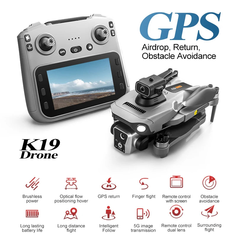 K19 MAX GPS z profesjonalną kamerą 8K, funkcją FPV, systemem omijania przeszkód i dużym ekranem zdalnego sterowania, składany dron