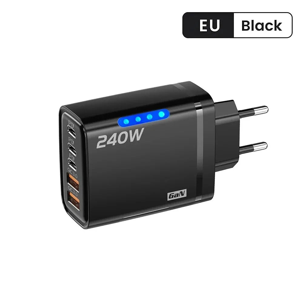 5 v 1 GaN USB C nabíjačka, 240W rýchlonabíjací adaptér, 10A kábel USB-C, 3PD 2USB QC3.0 nabíjačka pre iPhone 16, Samsung a Xiaomi