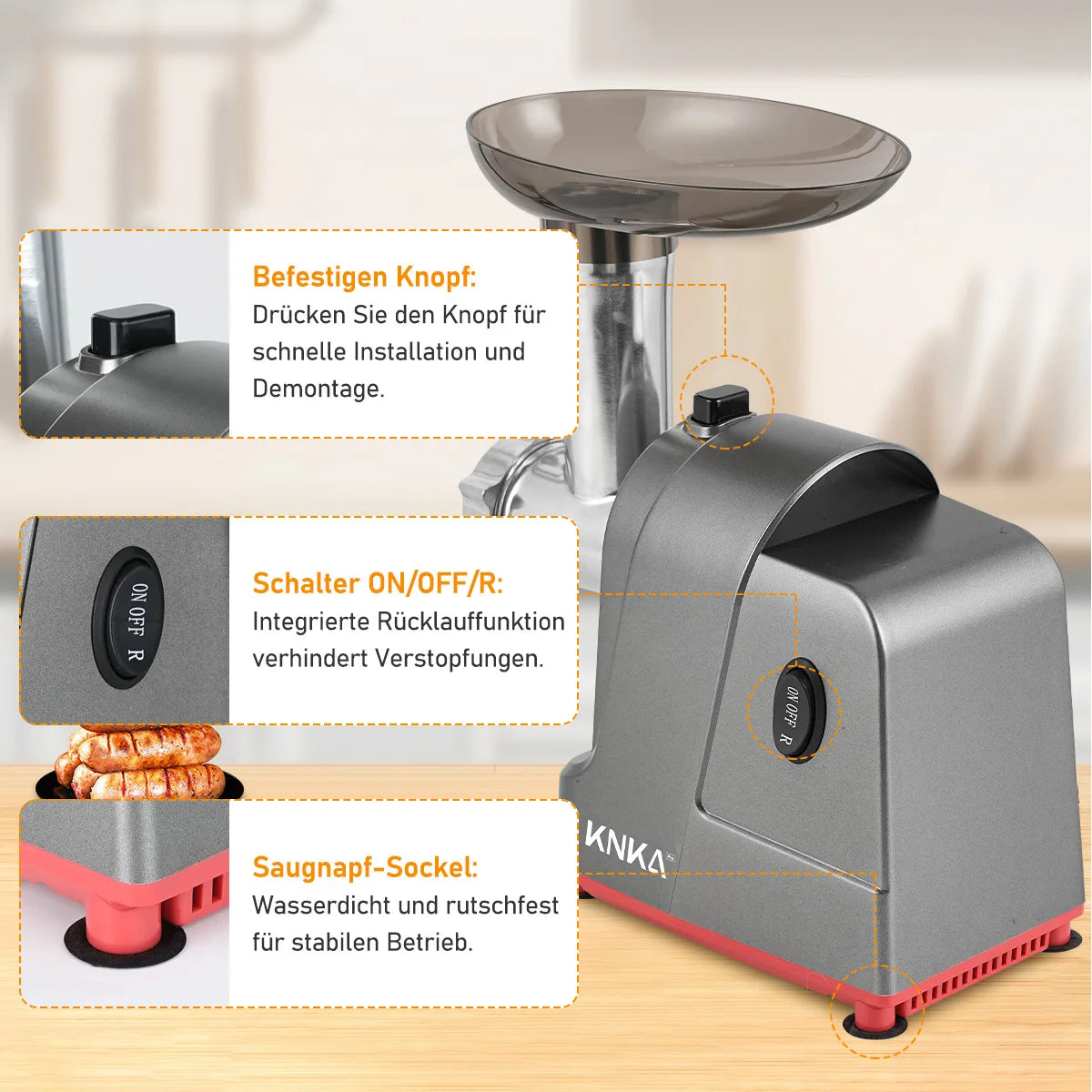 Elektryczna maszynka do mielenia mięsa z płytkami tnącymi ze stali.