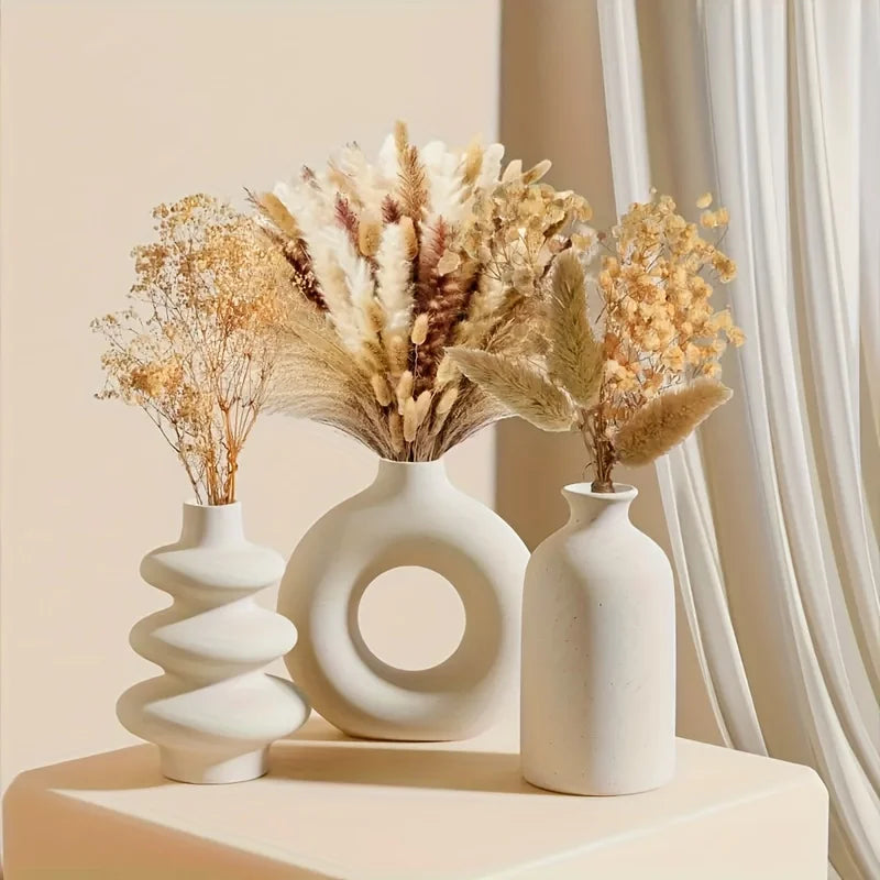 Sada 3 bielych keramických váz v bohémskom štýle, kreatívne dekorácie do domácnosti, obývačky a spálne