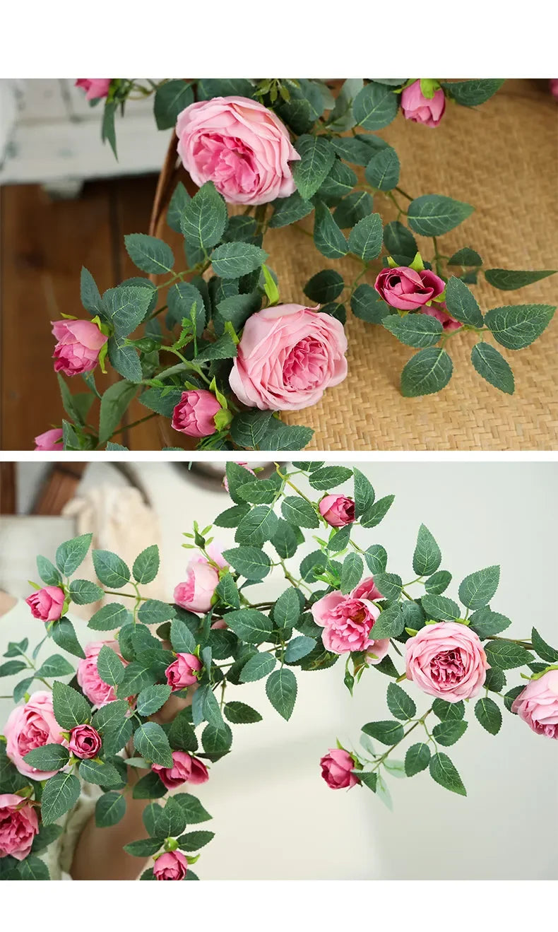 Sztuczne róże winorośli Kwiaty jedwabne Rattanowa dekoracja do kawiarni.